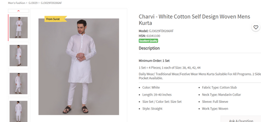 Charvi - White Cotton Self Design Woven Mens Kurta