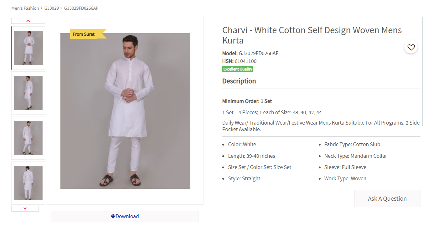 White Cotton Self Design Woven Mens Kurta