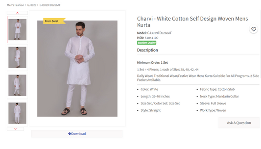 White Cotton Self Design Woven Mens Kurta